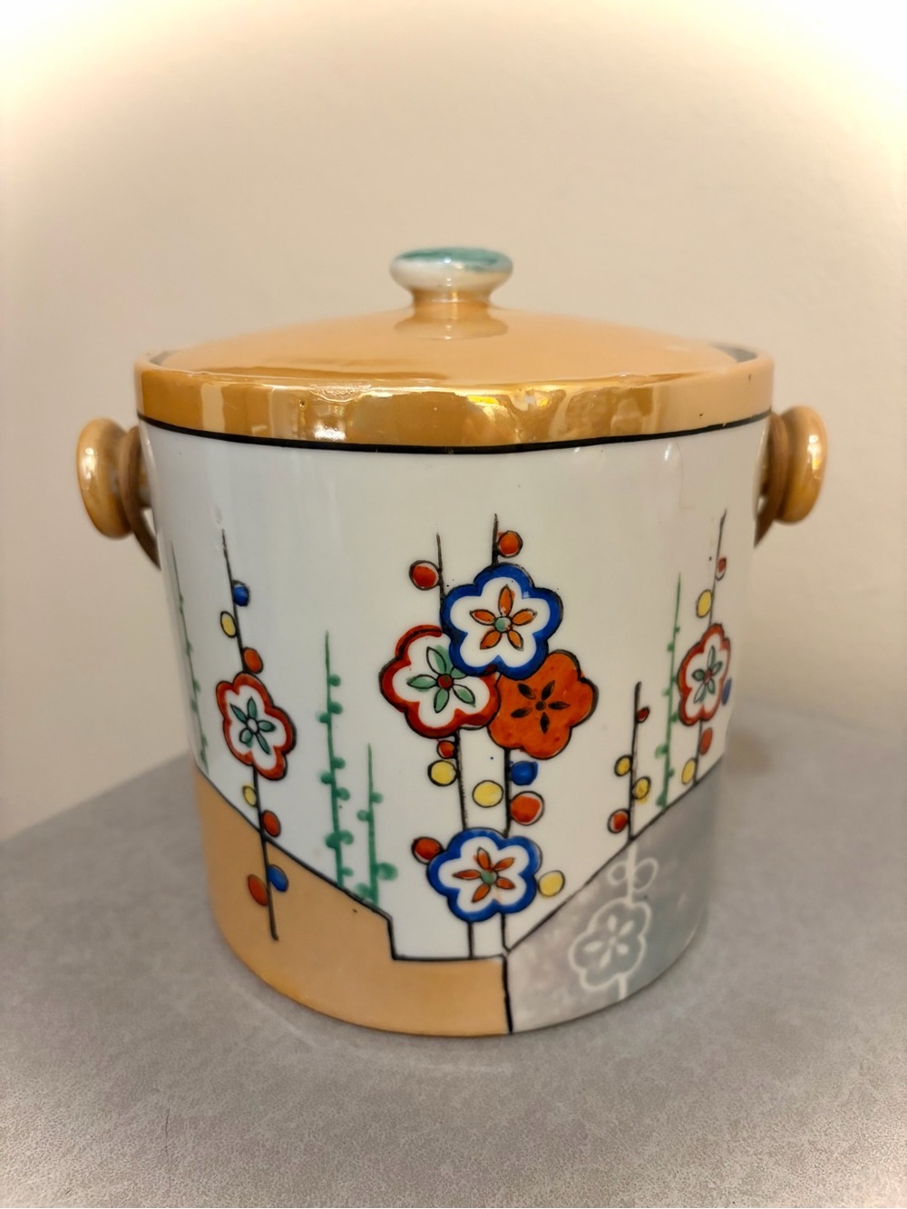 Vintage Art Deco Lusterware Ice Bucket with Woven Bamboo Handle Made in Japan